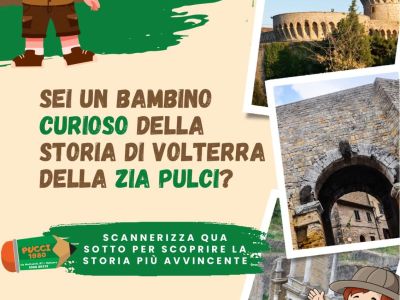 Copertina della guida per bambini alla scoperta di Volterra creata dalla Zia Pulci, edizione 2025