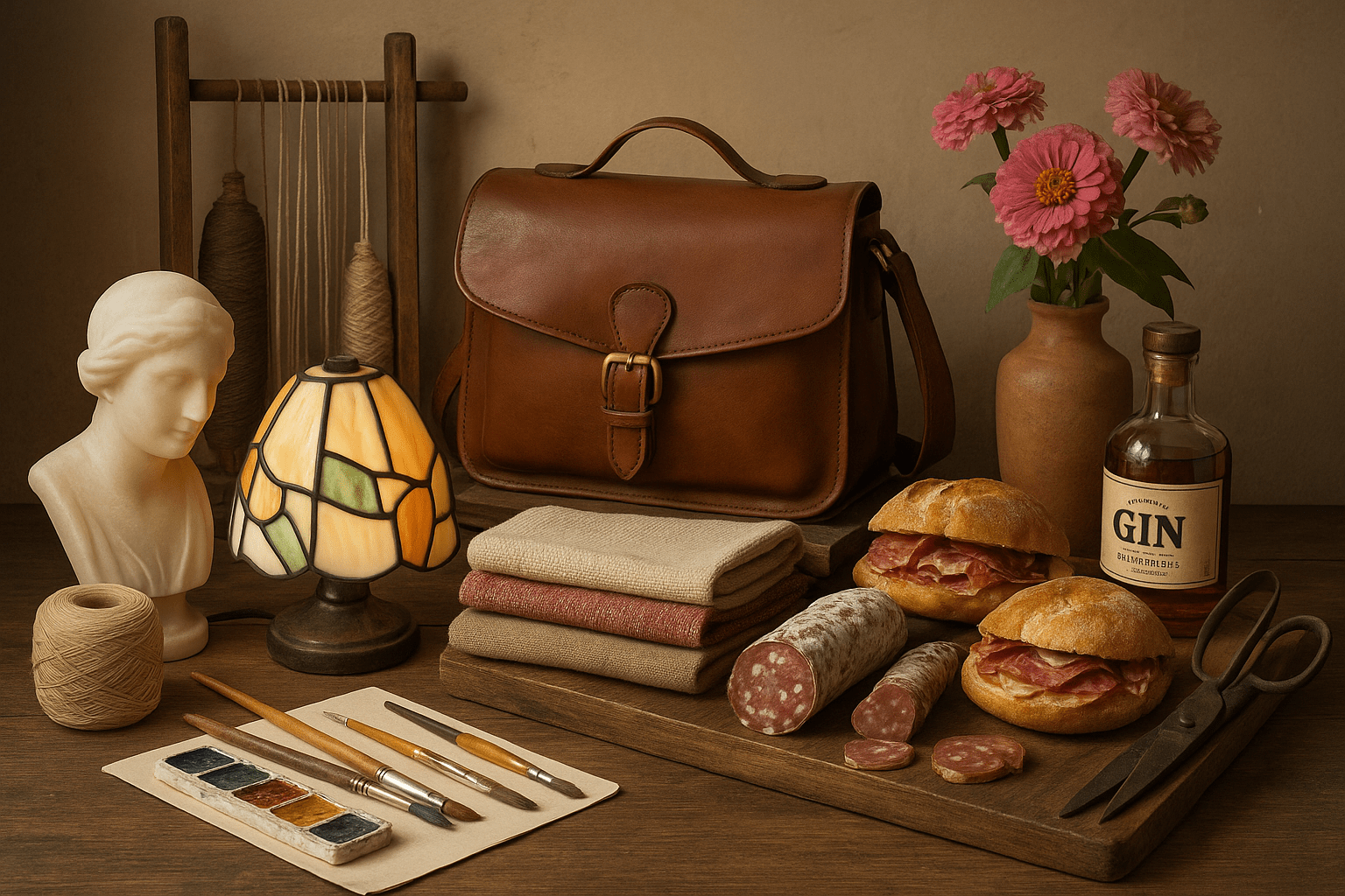 Composizione di prodotti artigianali delle aziende di Volterra: alabastro, tessuti, pelletteria, panini con salumi tipici, gin locale, fiori freschi, strumenti da pittura e telaio da tessitura, simboli delle botteghe e delle eccellenze volterrane.